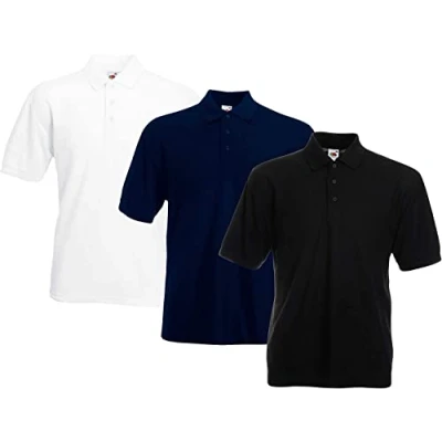Image of Fruit of the Loom Men&#039;s Polo Shirt (Pack 3), Multicoloured (White/Black/Navy), XXL
