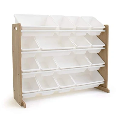 Image of Humble Crew Extra Large Kid&#039;s Wood Toy Organizer, 16 Plastic Bins, Natural and White Bins Wood/White WO166