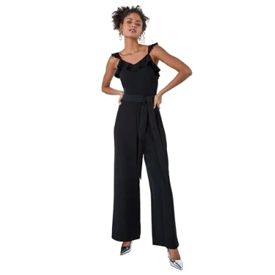 Image of Roman Originals Frill Detail Wide Leg Jumpsuit for Women UK Ladies Everyday Holiday Spring Summer V Neckline Comfy Soft Evening Vacation Work Party Black Size 12