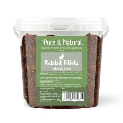 Image of Pure &amp; Natural Superfoods Air Dried Rabbit Fillets Treats with Apple Kale Meat for Dogs and Healthy Skin Tub 500g