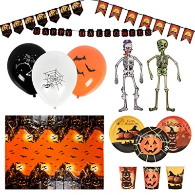 Image of The Twiddlers 80 Pack Happy Halloween Banner Party Hanging Bunting Skeleton Pumpkin Balloons Spooky Decorations and Tableware Set