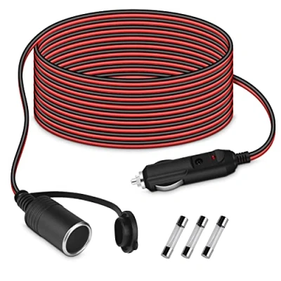 Image of URAQT Car Cigarette Lighter Extension Cord, 17AWG 15 FT/4.6 M Socket, Male Plug to Female Socket Heavy Duty Cable, Sockets Power Outlet with LED Light &amp; 3 Pcs Fuse
