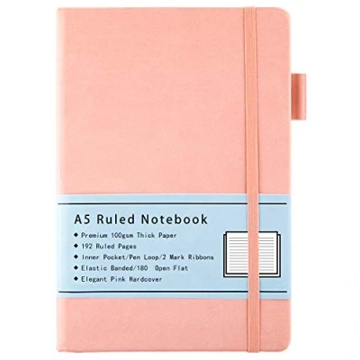 Image of Notebook A5, Hard Cover Ruled Journal with Premium 100 GSM Thick Paper, Inner Pocket, Pen Loop, Elastic Banded, Faux Leather Cover, 192 Pages, 14.5X21.3 cm (Pink)