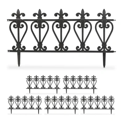 Image of Relaxdays Garden Bed Edging, Set of 6, HxW: 32.5 x 61 cm Each, Plastic, Ornamental Fence to Plug in, Flowerbed, Black