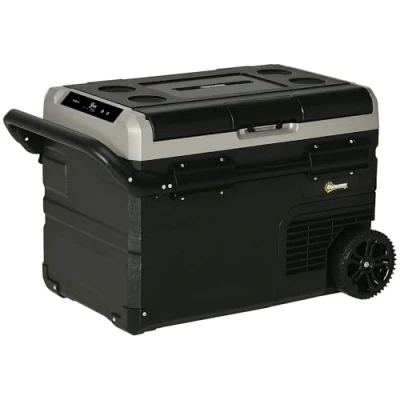 Image of Outsunny 40L Car Refrigerator, Portable Compressor Cooler Box, Fridge Freezer w/Inner LED Light, Foldable Handles, Cup Holders, 12/24V DC and 110 240V AC for Campervan RV Boat Travel Down to 20℃
