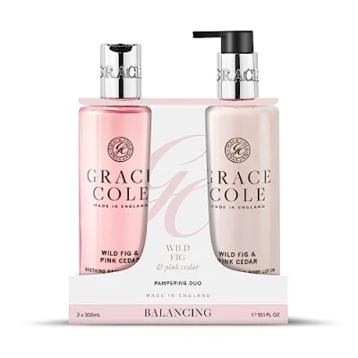 Image of Grace Cole Wild Fig &amp; Pink Cedar Body Care Duo Gift Set 2x300ml Essential Oils Vegan Made In England
