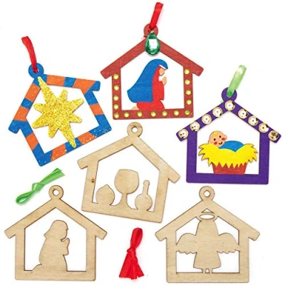 Image of Baker Ross AX559 Nativity Wooden Bauble Decorations Pack of 10, Christmas Tree Ornaments for Creative Art and Craft Activities to Paint Decorate