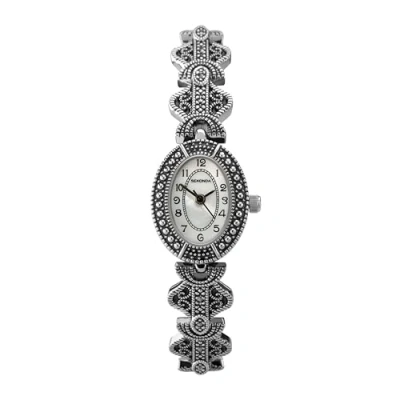 Image of Sekonda 19mm Marcasite Vintage Style Ladies Analogue Bracelet Watch with Stone Set Oval Case and White Mother of Pearl Dial