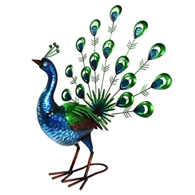 Image of Primus® Lifelike Metal Hand Painted Vibrant Fan Tail Peacock Garden Ornament for Indoor or Outdoor Use Lifesize, Realistic