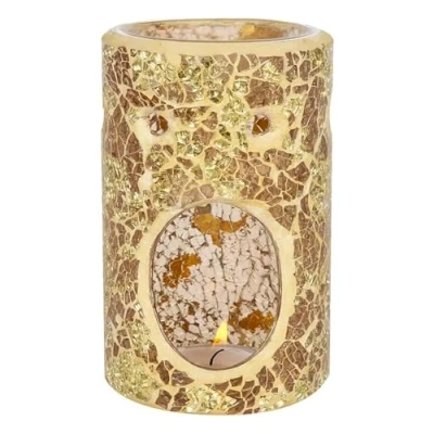 Image of Tech Island Wax Melt Burner, Gold Crackle Glass Design Oil Round Tea light, for Room Décor, Ornaments, Made with (Pillar)