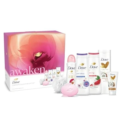 Image of Dove Awaken Complete Collection Gift Set with a luxury shower puff skin care gifts for her 6 piece