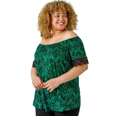 Image of Roman Originals Curve Lace Trim Bardot Stretch Top for Women UK Ladies Everyday Holiday Spring Summer Comfy Soft Evening Vacation Work Party Green Size 20