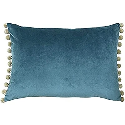 Image of Riva Paoletti Fiesta Rectangular Feather Filled Cushion Blue Beige Pompom Edges Faux Velvet Fabric Discreet Zip Closure 100 Case (14&quot; x 20&quot; inches), Polyester, Duck Egg/Natural, 35 50cm