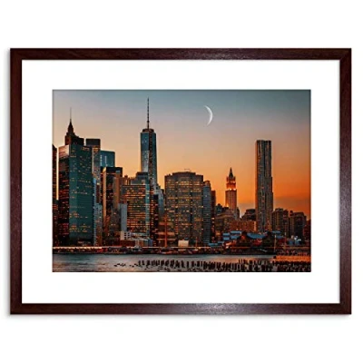 Image of Wee Blue Coo Photo Cityscape New York City USA Moon Over Manhattan Framed Wall Art Print