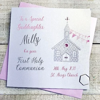 Image of WHITE COTTON CARDS GODDAUGHTER PERSONALISED 1st HOLY COMMUNION CARD, PINK CHURCH DESIGN, HAND FINISHED (X) P23 50 GODD