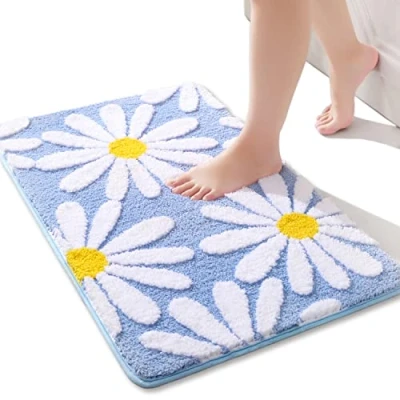 Image of QJHOMO Blue Bath Mat White Flower Rug 40 x 60 cm, Non Slip Mats for Bathroom, Soft Microfiber Bathroom Mat, Machine Washable Durable Bathmat, Super Absorbent Floor Shower