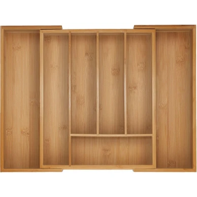 Image of Relaxdays Cutlery Tray, 5 7 Compartments, x 28 44.5 33.5 cm, Extendable Drawer Organiser, Bamboo, Kitchen, Natural, Silicone