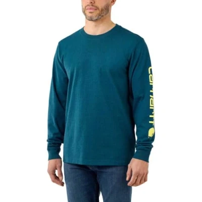 Image of Carhartt Mens Loose Heavy Long Sleeve Logo Graphic T Shirt, Navy, L