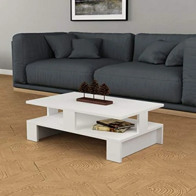 Image of Hocuspicus Modern Coffee Table with Abstract Design for Living Room and Office Versatile Centre Storage Shelf 80 x 50 27.5 cm Multiple Color Options (White)