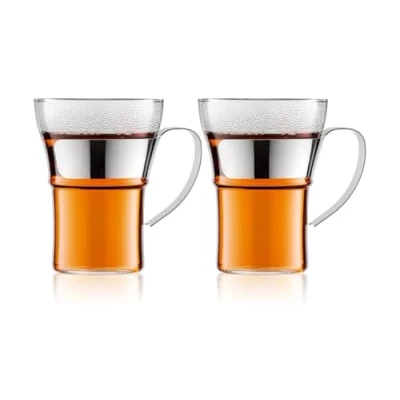 Image of Bodum ASSAM Coffee Glass Set (Metal Handle, Dishwasher Safe, 0.35 L/12 oz) Pack of 2, Shiny