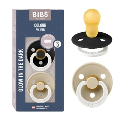 Image of BIBS Colour Night Glow in The Dark Soother 2 Pack, BPA Free Dummy Pacifier, Made Denmark, Size 3 (18+ Months), Black Glow/Vanilla