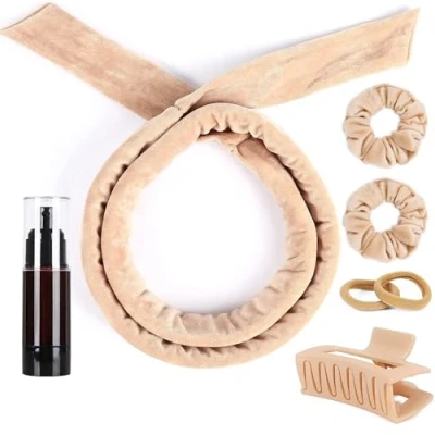 Image of Heatless Curlers Headband, 7 PCS Curls Set, Soft Velour Hair Curler, No Heat for Short &amp; Long (Khaki, 7Pcs)