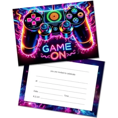 Image of Olivia Samuel 40 PACK of Party Invitations with Envelopes Gaming Themed Invites in Neon Colours. Designed and Printed the UK