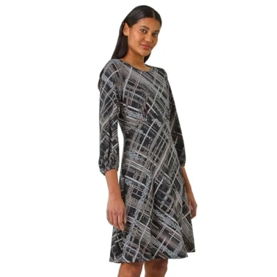 Image of Roman Originals Abstract Linear Dress for Women UK Ladies Everyday Autumn Winter Round Neckline Comfy Soft Evening Vacation Work Party Night Out Chocolate Size 18