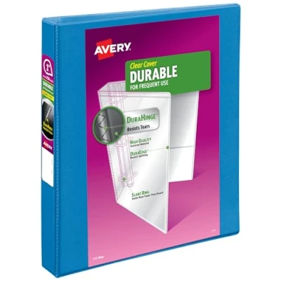 Image of Avery Durable View 3 Ring Binder, 1 Inch Slant Rings, 250 Sheet Capacity, DuraHinge, 1.4 Wide Spine, Customizable Clear Covers and Pool Blue Binder (17831)