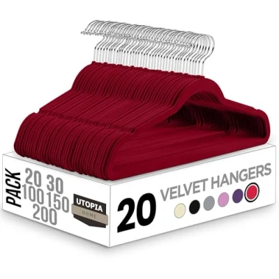Image of Utopia Home Premium Non Slip Velvet Hangers Heavy Duty Coat with Tie Bar, 360 degree rotatory hook Space saving, sturdy to hold Jacket, Jumper &amp; Pullover (Burgundy, Pack of 20)