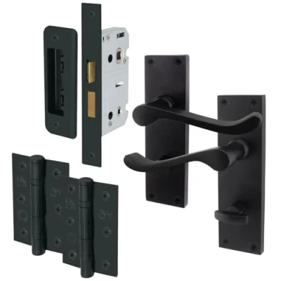 Image of EAI Black Victorian Scroll Bathroom Door Handle Set 1 Pair of Matt Internal Lever Handles on Backplate with Hinges (76mm) &amp; Lock (64mm)