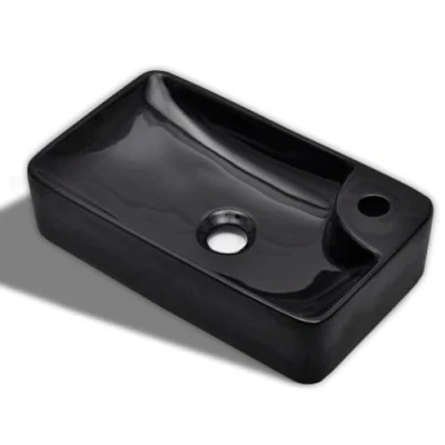 Image of vidaXL High Gloss Ceramic Bathroom Sink Basin, Black, Wall Mounted, with Faucet Hole, Easy to Clean, Modern and Elegant Design for &amp; Washroom Decor