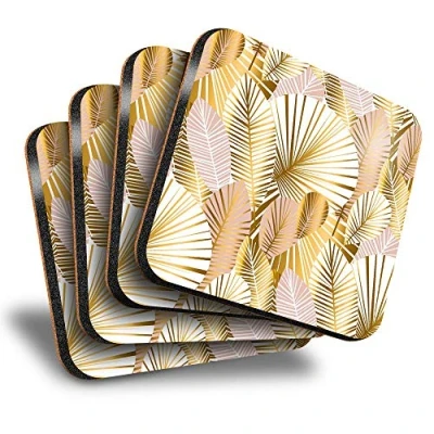 Image of Destination Vinyl ltd Great Coasters (Set of 4) Square Gold Art Deco Palm Leaves Drink Glossy Coasters/Tabletop Protection for Any Table Type #2456