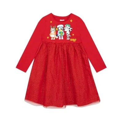 Image of Bluey Girls Christmas Dress Bingo Party Xmas Sparkly Red 3 4 Years