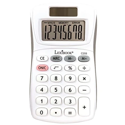 Image of Lexibook, 8 Digit Pocket Calculator, Basic and Memory Function, Soft Silicone Keys for Office, School, Home, Solar &amp; Batteries, White/Grey, C208