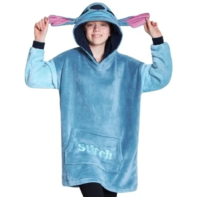 Image of Disney Stitch Fleece Hoodie Blanket for Kids and Teenagers One Size Fluffy Oversized Gifts (Blue Stitch)
