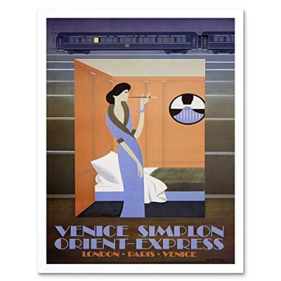 Image of Wee Blue Coo Travel Rail Train Orient Express Venice London Paris Tunnel Retro Art Print Framed Poster Wall Decor 12X16 Inch