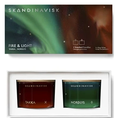 Image of Skandinavisk FIRE &amp; Light Giftset of 2 Scented Candles. NORDLYS &#039;Northern Light&#039; and TAKKA &#039;Fireplace&#039;. Vegan Formula. x 90g