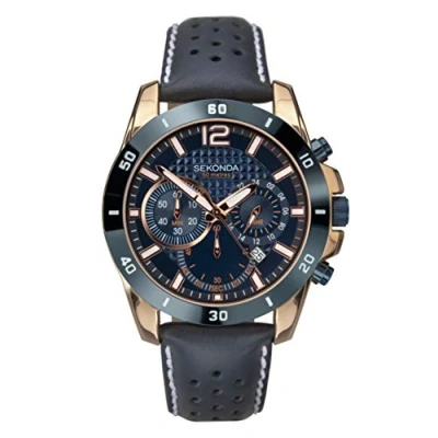 Image of Sekonda Men&#039;s Rose Gold 45mm Chronograph Quartz Watch with Blue Textured Dial and Date Display Genuine Leather Strap 50m Water Resistant 2 Year Warranty