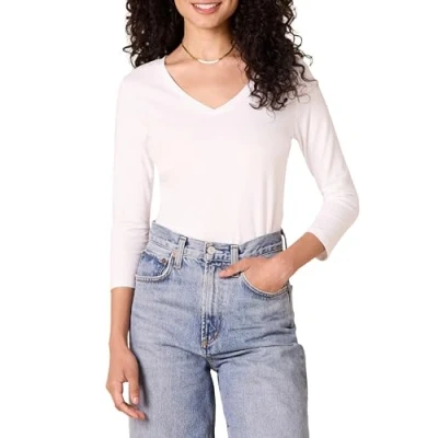 Image of Amazon Essentials Women&#039;s Classic Fit 3/4 Sleeve V Neck T Shirt (Available in Plus Size), White, XL