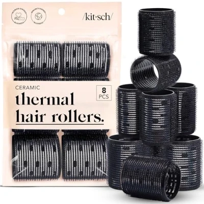 Image of Kitsch Ceramic Thermal Hair Rollers 8pcs Black (Rod, 1.5/2/2.25 inch, Ceramic, Self Grip, Roller, For Long Hair, Volume, Assorted Size, Pack of 8)