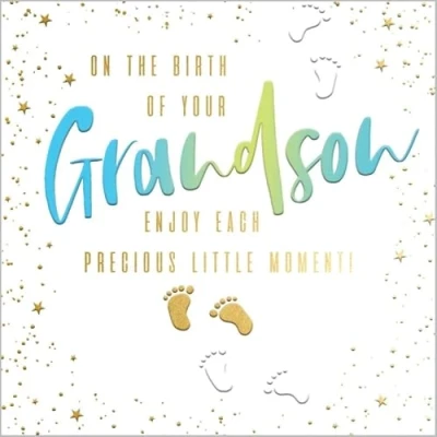 Image of Abacus Cards Artistic &#039;New Baby Congratulations&#039; Birth Of Your Grandson Footprints Embossed With A Gold Foil Finish From The Velvet Ink Range
