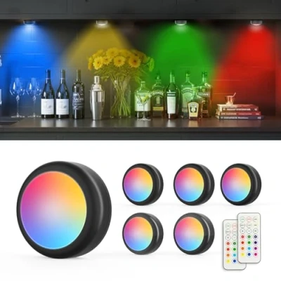Image of Moman 6 Pack Under Cabinet Lights, 13 Changing Colors LED Puck Lights with Remote Control, Dimmable Battery Operated Timer Stick on Light for Party, Cupboard, Wardrobe, Kitchen (T025 Black)