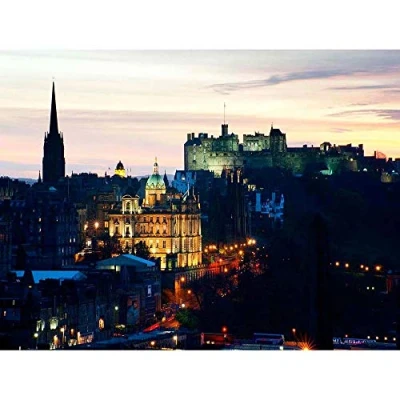 Image of Wee Blue Coo Photo Cityscape Skyline Edinburgh Castle Sunset Dusk Art Print Poster Wall Decor 12X16 Inch