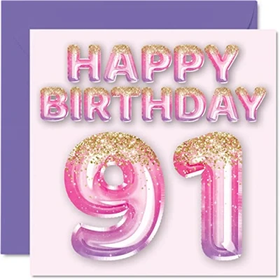 Image of 91st Birthday Card for Women Pink &amp; Purple Glitter Balloons Happy Cards 91 Year Old Woman Mum Great Nanny Grandma Gran, 145mm x Ninety One First Bday Greeting Gift