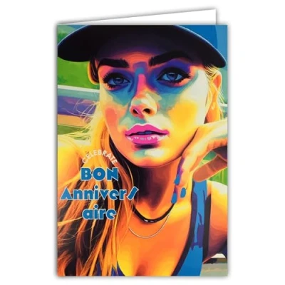 Image of 69 8102 Happy Birthday Let&#039;s Celebrate Neon Card with Envelope 12 x 17.5 cm For Teenage Girls Women Lipstick Pink Cap Real Inks Created and Made in France