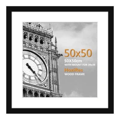 Image of HoziRes 50x50cm frame Square Picture Frames, Wooden Photo Frames with Mount in Black, Set of 1 for Tabletop and Wall Mounting, 50x50 19 x inch Poster Printing