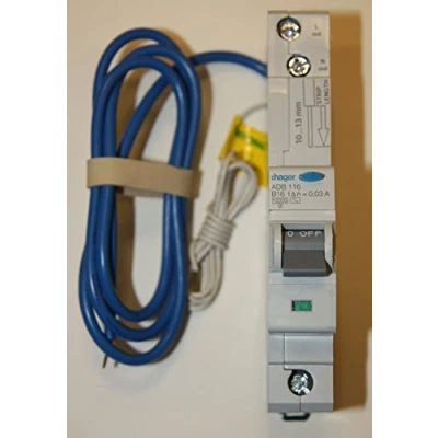 Image of Hager ADB116 AC Class Commercial and Industrial Electronic RCBO, 1 Pole, Module, Type B, 10 kA Breaking Capacity, 30 mA Sensitivity, 16 A Current