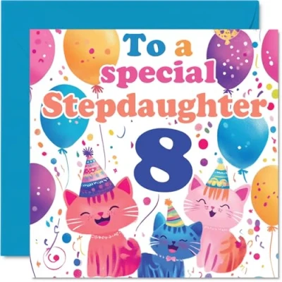 Image of 8th Step Daughter Birthday Card Cute Cats Special Happy for from Mum Dad, 145mm x Age 8 Eight Greeting Cards
