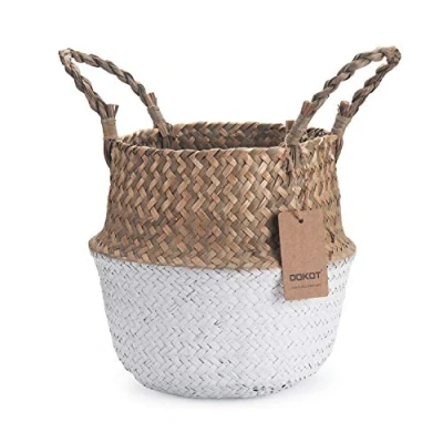 Image of DOKOT Seagrass Belly Basket Natural Woven Plant Pot Foldable with Handles for Storage Laundry Blankets Toys (Natural + White)